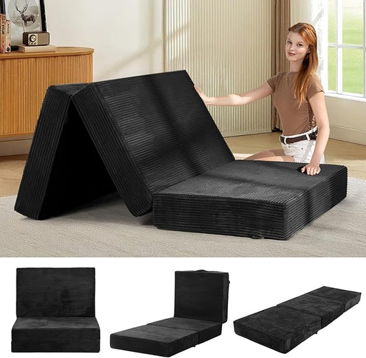 6-Inch Tri-Fold Mattress Twin Size - Foldable Futon Sofa Bed with Removable Washable Cover, Folding Memory Foam Futon Mattress | Non-Slip Bottom & Carry Handles for Guest, Camping, Dorm