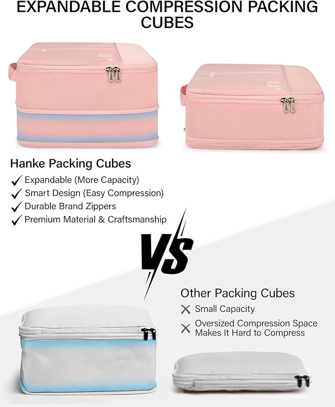 Hanke 7 Piece Expandable Compression Packing Cubes, Premium Travel Packing Organizers for Suitcases/Carry On, Luggage Organizer Bags with Breathable Mesh & Label,Pink