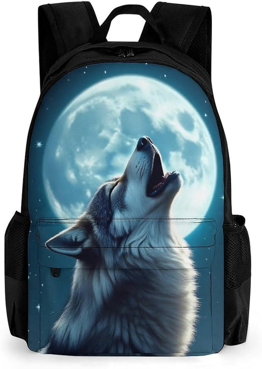 Men Women Lightweight Full Moon Wolf Backpack Large Capacity Bookbag With Smooth Zippers for Gym Business Running
