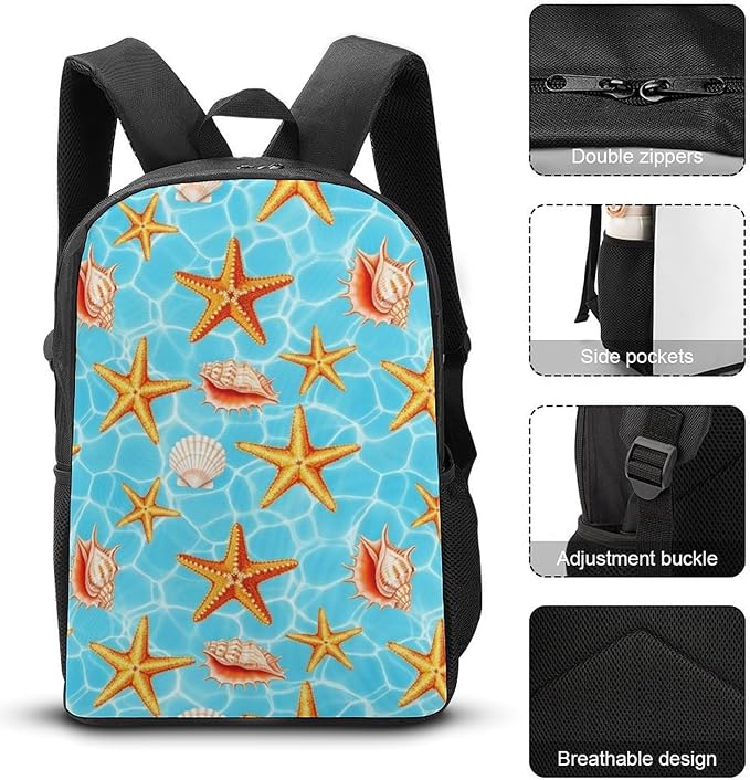 Large Rucksack for Outdoor Hiking and Camping with Daypack Design, Summer Beach Starfish Seashell Daypack Backpack Men Women