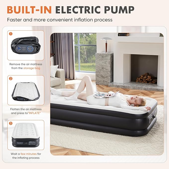 Elevon Air Mattress with Built in Pump - Luxury Double High Inflatable Bed for Home, Travel & Camping, Navy/White, Twin, 18" High