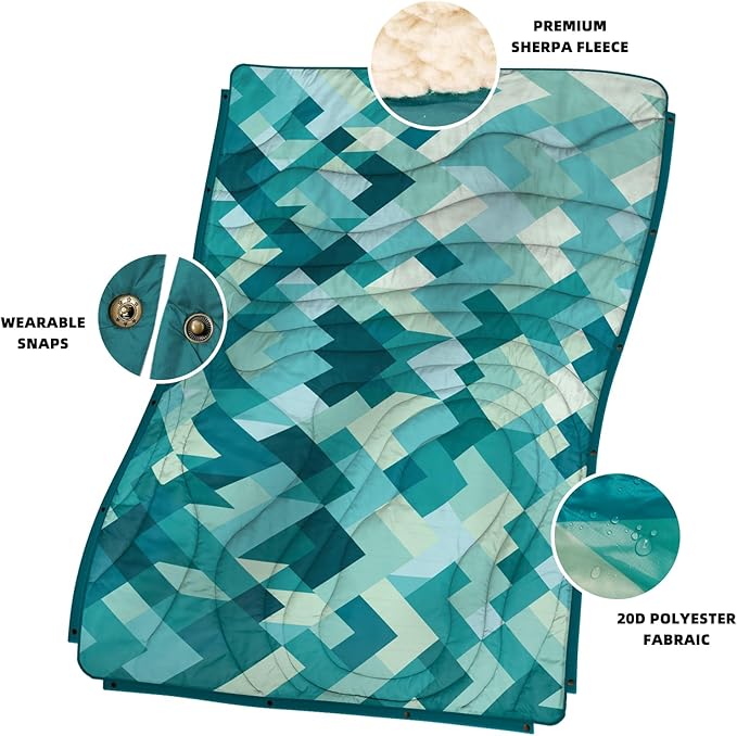 Outdoor Camping Blanket with Sherpa Lining, Extra Warm Thick Camp Blankets and Puffy Ultralight Soft Poncho DWR Camping Quilt for Cold Weather, Adventure, Sleeping, Backpacking 56"x 40"