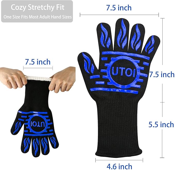 BBQ Gloves, 1472°F Heat Resistant Grilling Gloves, Silicone Non-Slip Long Cooking Gloves for Kitchen, Oven, Baking Campfire and Smoker, EN407 Certified, Blue, XL Size, 1 Pair
