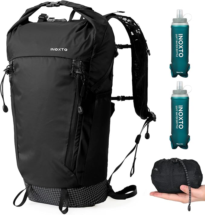 IX INOXTO Hiking Backpack 15L/22L Ultra Lightweight Packable Travel Backpack Small Waterproof Foldable Outdoor Day Pack with Two 500ML soft flasks for Men Women (Black)