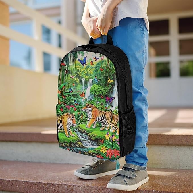 Supdreamc Rucksack Anti-Theft Multipurpose Large Capacity Carry On Bag, King Of The Tiger Tropical Rainforest Landscape Jungle Parrot Birds Travel Hiking Bag Day Pack With Side Pockets