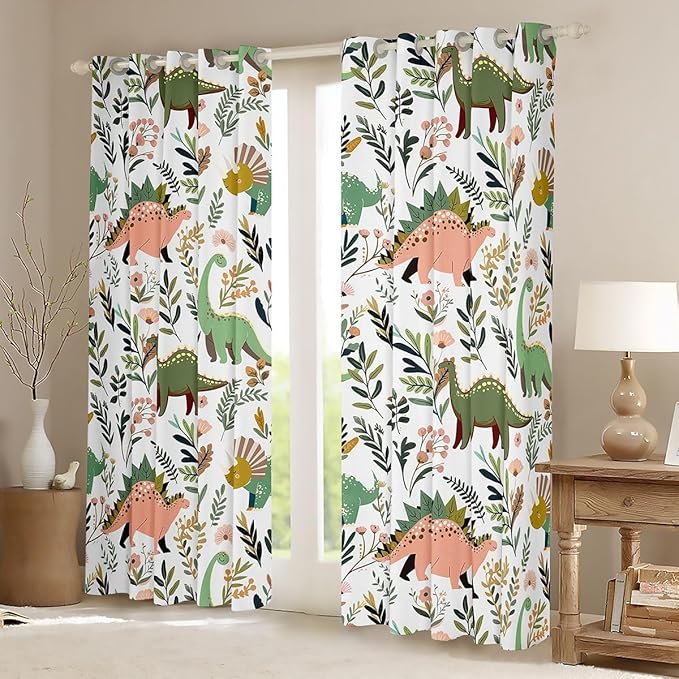 Green Dinosaurs Window Curtain | Tropical Palm Leaf Window Treatment Curtain for Women Bedroom Decor,Cartoon Dinosaur Curtains Colorful Floral Living Room Top 2 Panels,52Wx90L