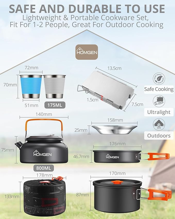 HOMGEN 14-Piece Camping Cooking Set with Stove Windshield & 2 Plates - Lightweight Aluminum Nesting Pot/Frying Pan Teapot - Complete Camping Mess Kit for Backpacking Picnics Outdoor Cooking Camping