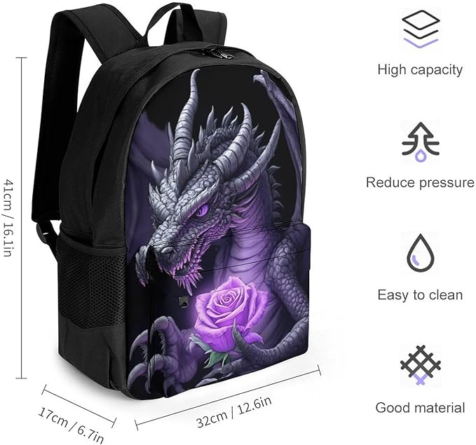 Lightweight Backpack for Gym Travel Bicycle, Big Capacity Multipurpose Anti-Theft Carry On Bag, Cool Dragon Purple Rose Black Travel Hiking Bag Day Pack
