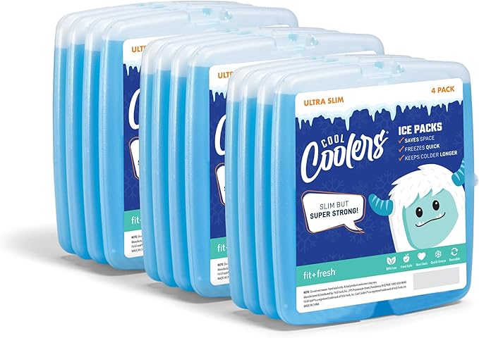 Cool Coolers by Fit & Fresh Slim Ice Packs, Quick Freeze, Space-Saving, Reusable Ice Packs for Lunch Boxes & Coolers