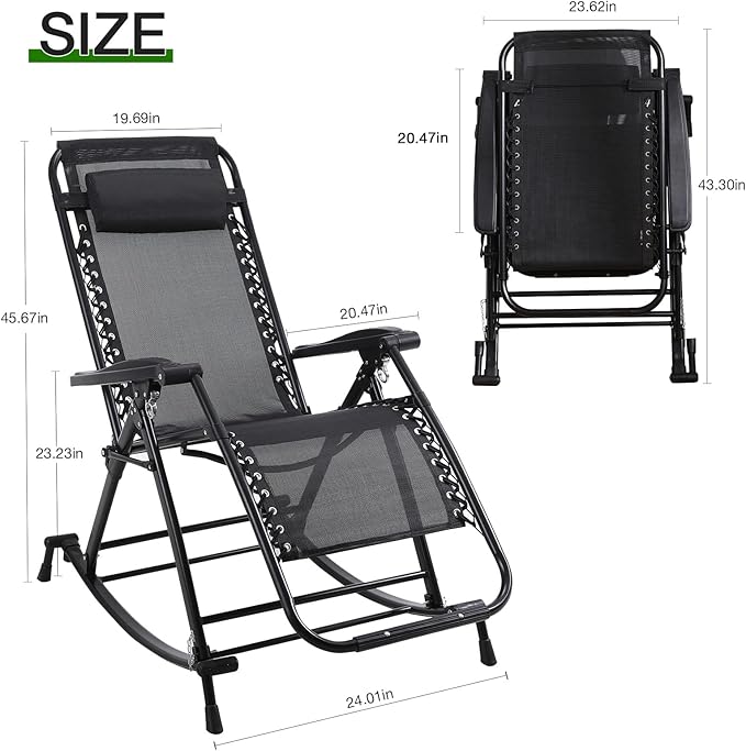 Outdoor Rocking Chairs, Foldable Reclining Zero Gravity Lounge Rocker with Pillow, Cup & Phone Holder, Combo Design with Folding Legs