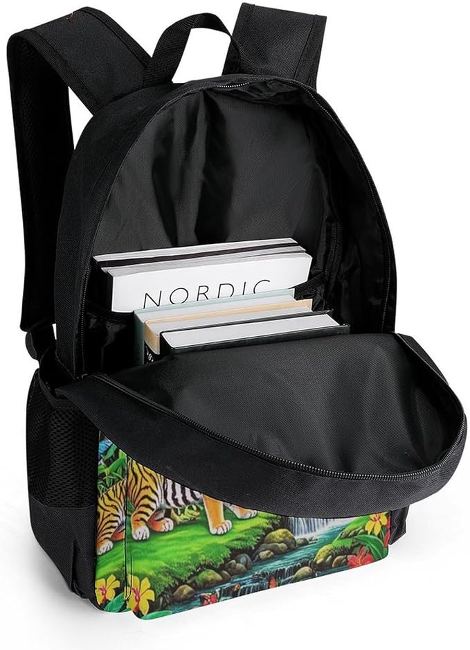 Supdreamc Rucksack Anti-Theft Multipurpose Large Capacity Carry On Bag, King Of The Tiger Tropical Rainforest Landscape Jungle Parrot Birds Travel Hiking Bag Day Pack With Side Pockets