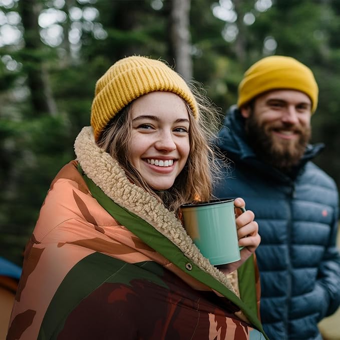 Outdoor Camping Blanket with Sherpa Lining, Extra Warm Thick Camp Blankets and Puffy Ultralight Soft Poncho DWR Camping Quilt for Cold Weather, Adventure, Sleeping, Backpacking 78"x 56"