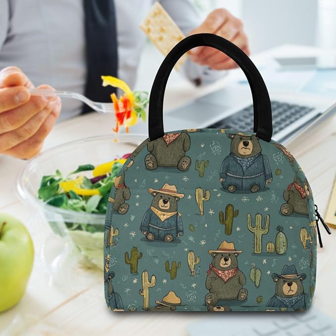 Kcldeci Kids Lunch Bag Insulated Lunch Box for Boys Girls Western Funny Bear Reusable Toddler Leak-proof Lunchbox for School and Daycare