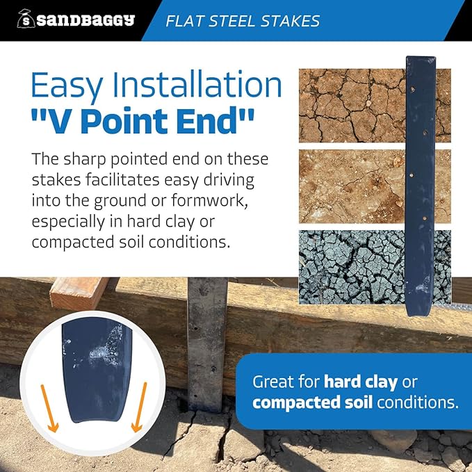 Sandbaggy Flat Steel Stakes for Concrete Forms with Nail Holes - 1.5" Wide - Painted - Removable, Reusable, V Point End - Construction Grade Stakes (100, 12 inch)
