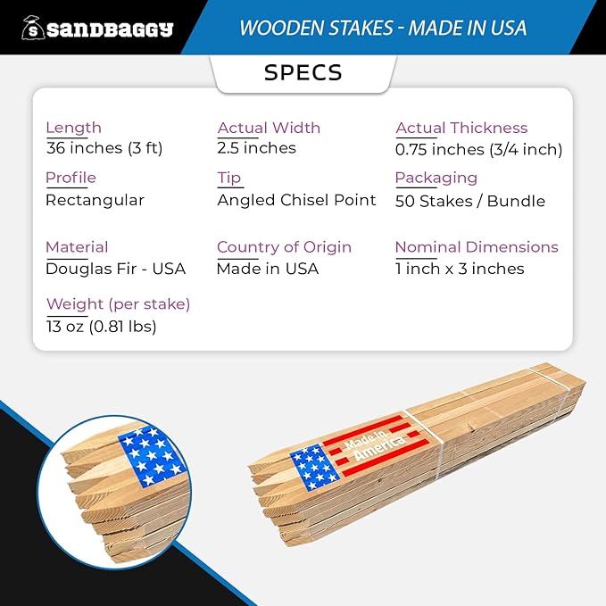 Sandbaggy 3 Ft Wood Stakes (1" X 3" X 36") - Made in The USA - 3" Extra Wide Stakes for Concrete Forms, Garden, Yard, Grading, Survey, Plants, Signs (Douglas Fir Wood, 200)