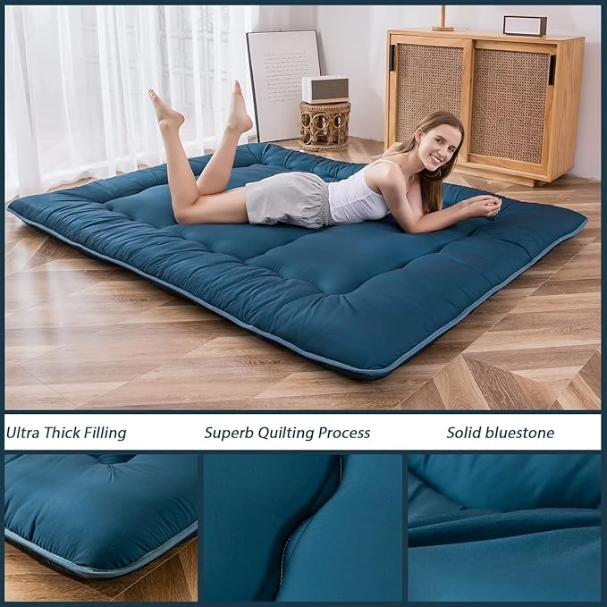 MAXYOYO Japanese Floor Mattress Futon Mattress, Thicken Sleeping Pad Foldable Roll Up Floor Futon for Adults Tatami Mat Dormitory Bed Lounger, Bluestone, Full Size