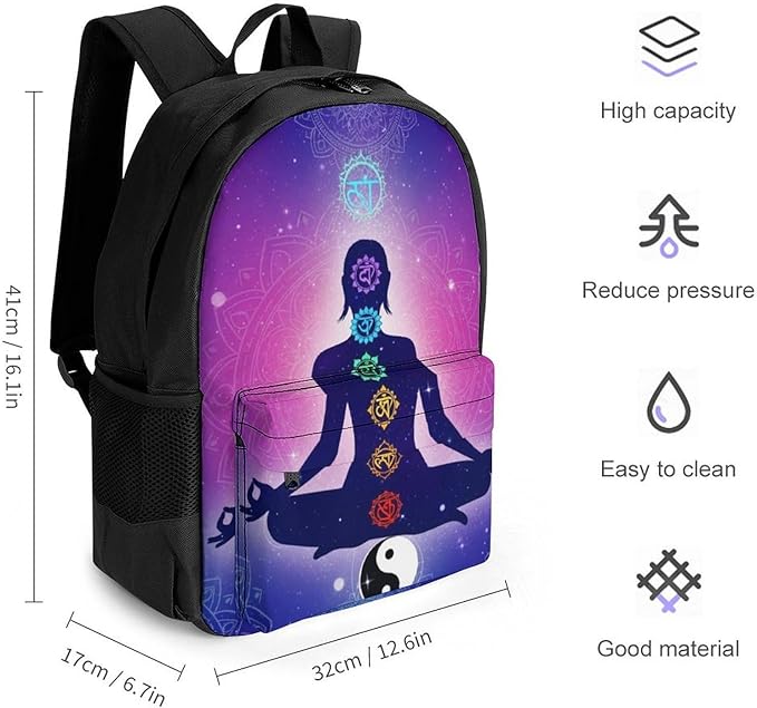 Men Women Polyester Chakra Yoga Meditation Lotus Blue Mandala Daypack Big Capacity Shoulder Bag With Smooth Zippers for Hiking Work Walking Cycling
