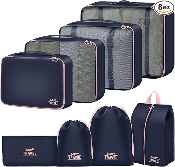 Packing Cubes for Travel - 8 Set Luggage Organizer Bags for Family, Mesh Breathable Packing Cubes for Suitcases Durable Travel Essentials Bags Set