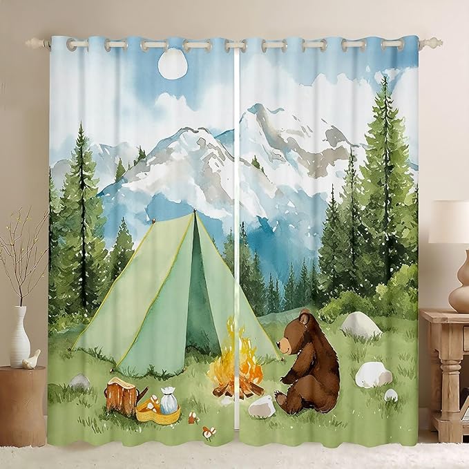 Feelyou Cartoon Camping Camper Curtains for Bedroom Living Room Cute Tent Bear Blackout Shades Mountain Adventure Room Darkening Curtain Window Treatments, 2 Panels 42 x 90 Inch Decor