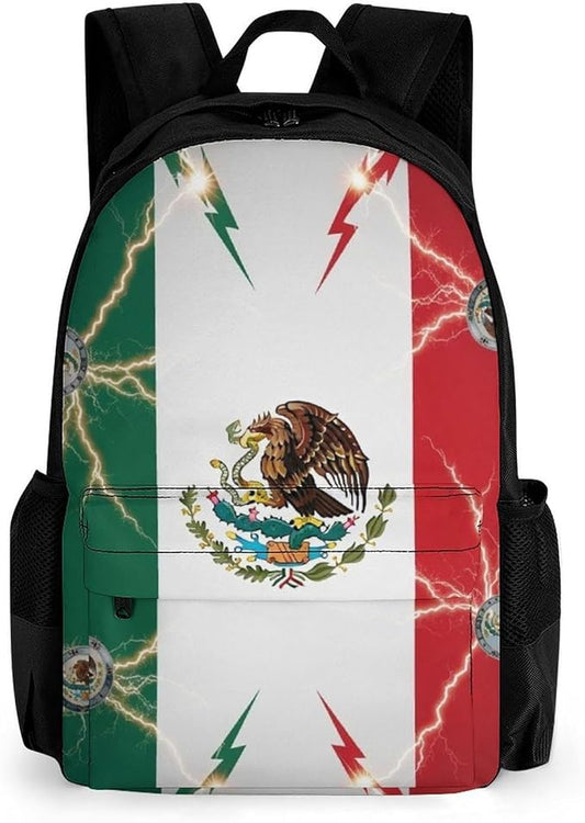 Polyester Daypack Backpack for Trekking Picnic Walking Cycling, Large Capacity Anti-Theft Multipurpose Shoulder Bag, Cool Lightning Eagle Mexico Flag Art Casual Daypack