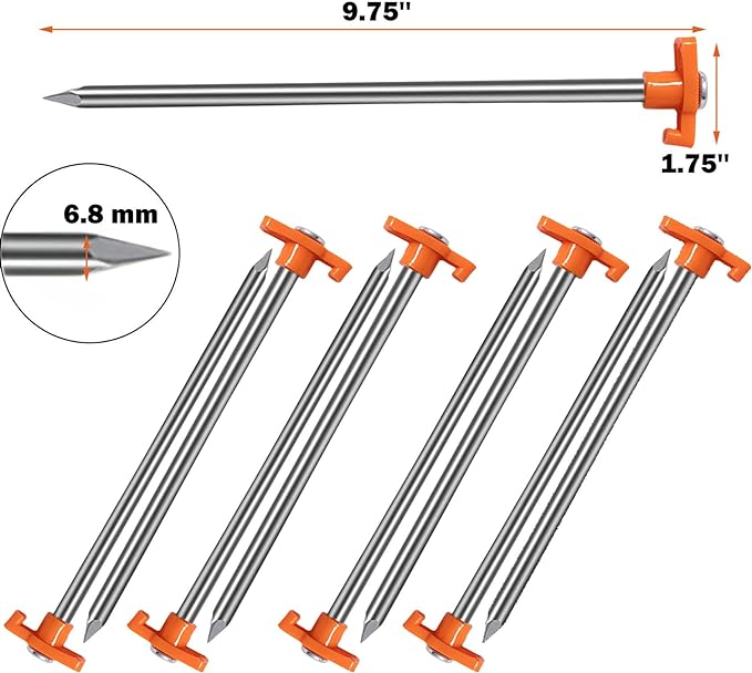 Cheardia 20 Pack Tent Stakes Heavy Duty, 9.75 Inch Yard Stakes Non-Rust Metal Tent Pegs Ground Stakes Tent Spikes for Camping Patio, Garden, Canopies, Grassland, Outdoor, Orange