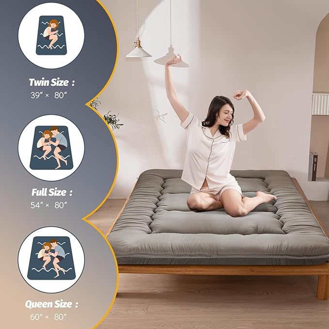 MAXYOYO 6" Extra Thick Japanese Floor Mattress Futon Mattress, Foldable Tatami Pad for Adults, Roll Up Floor Bed for Guest Room Bedroom RV, Dark Grey, Queen