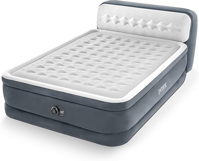 Intex Queen Size Air Mattress, 18in Height Airbed with Headboard, Built-in Pump, Dura-Beam Deluxe Ultra-Plush - Portable Inflatable Bed for Camping & Travel