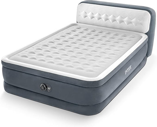 Intex Queen Size Air Mattress, 18in Height Airbed with Headboard, Built-in Pump, Dura-Beam Deluxe Ultra-Plush - Portable Inflatable Bed for Camping & Travel