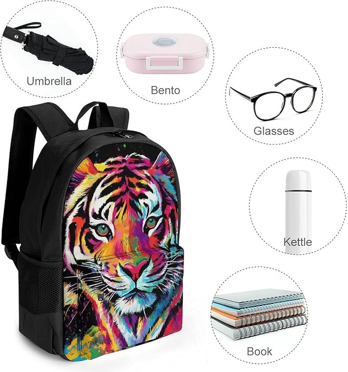 Supdreamc Backpack Anti-Theft Multipurpose Large Capacity Carry On Bag, Colorful Splash Ink King Of Tiger Art Camping Outdoor Backpack With Side Pockets