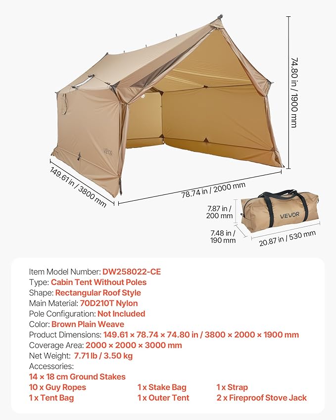 VEVOR Hot Tent, Camping Tipi Hot Tents with Stove Jack, Portable Winter Camping Tents with Snow Skirt, Easy Setup, Waterproof 4 Season Shelter Tents for Fishing Backpacking