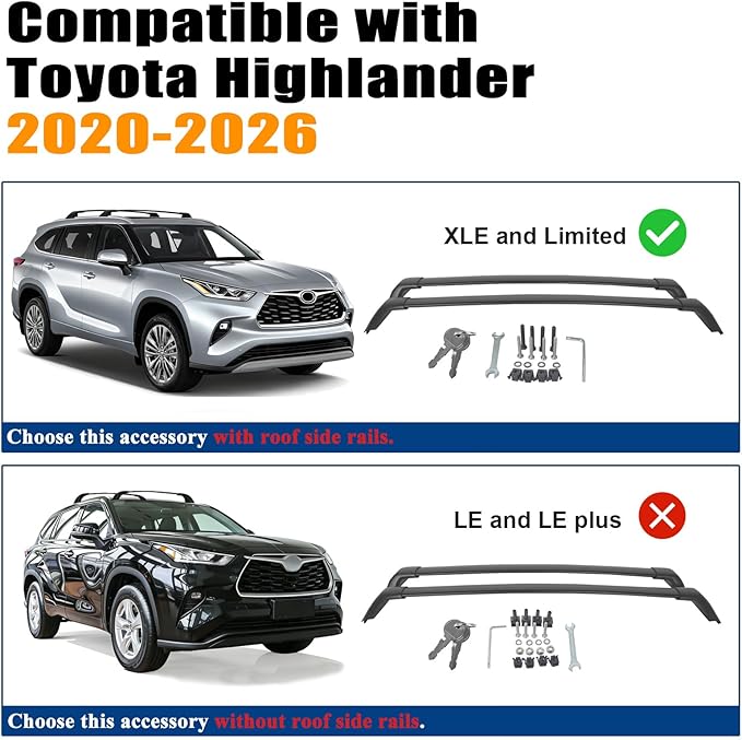 260lbs Heavy Duty Roof Rack Cross Bars for 2020-2025 Toyota Highlander (XLE, Limited, Platinum), Anti-Theft Locking Aluminum Cargo Rail for Roof Top Tent, Kayak, Canoe, Roof Box