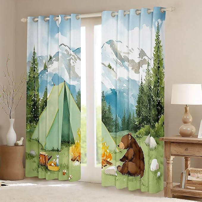 Feelyou Cartoon Camping Camper Curtains for Bedroom Living Room Cute Tent Bear Blackout Shades Mountain Adventure Room Darkening Curtain Window Treatments, 2 Panels 42 x 90 Inch Decor