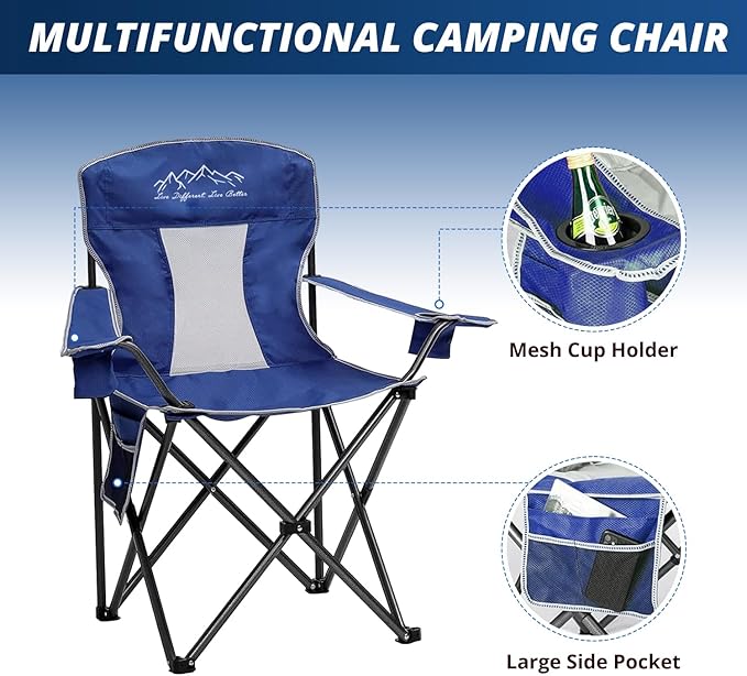 Mesh Folding Camping Chairs, Oversized Portable Outdoor Chairs, Weight Capacity 325 lbs with Cup Holder, Storage Pocket, Carry Bag Blue