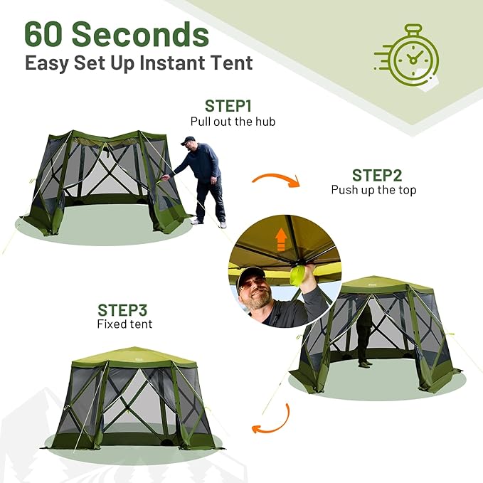 TIMBER RIDGE Easy Pop Up Gazebo Canopy Tent for Camping, 11.5 X 9.8 Ft Portable Instant Screenhouse, Pop Up Screened in Canopy with Netting for Backyard, Patio, Outdoor, Tailgating, Picnics, Green