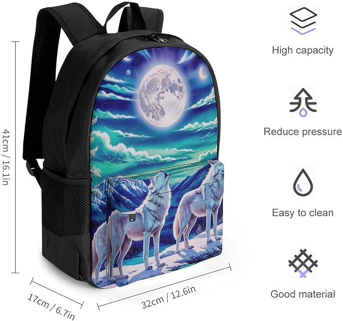 Supdreamc Polyester Daypack for Camping Travel Walking Cycling, Big Capacity Anti-Theft Multipurpose Bookbag, Wolves Moon Aurora Art Camping Outdoor Backpack