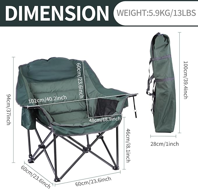 Heated Camping Chair, XL Padded Chair with Cooler, Cupholder & Carry Bag, Heavy Duty for Outdoor Activities (1 Pack)