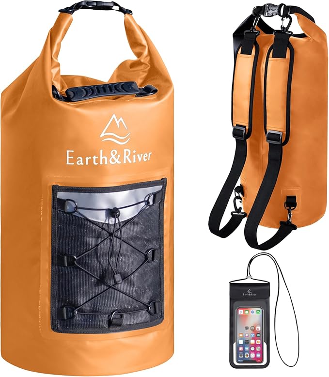 EARTH&RIVER Premium Dry Bag Backpack, Extra Thick, Protection for All Water Activities & Camping, Floating Lightweight Dry Bag with Inside Pocket Storage & IPX8 Waterproof Phone Case (Orange, 20L)