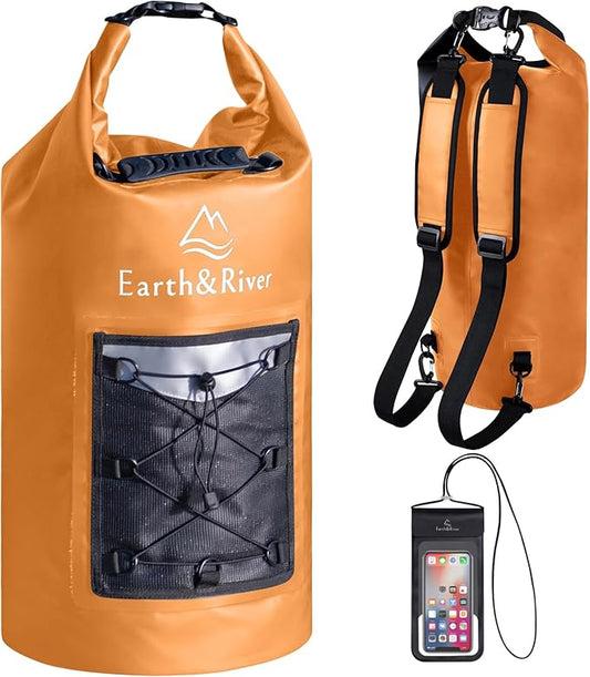 EARTH&RIVER Premium Dry Bag Backpack, Extra Thick, Protection for All Water Activities & Camping, Floating Lightweight Dry Bag with Inside Pocket Storage & IPX8 Waterproof Phone Case (Orange, 20L)