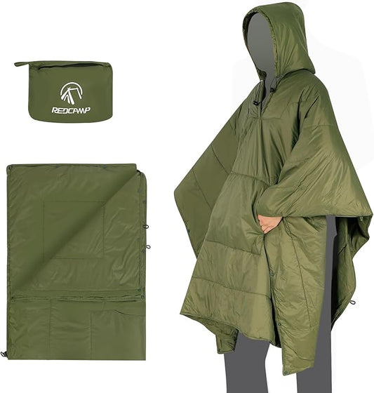REDCAMP Wearable Camping Blanket Lightweight, Multifunctional Warm Travel Quilt Waterproof, Compact Wearable Poncho with Detachable Hood for Camping, Hiking (Army Green)
