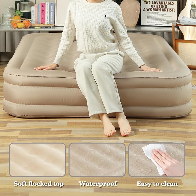 Queen Air Mattress with Fast Inflation Pump, Queen Air Mattress - Leak-Free & Odorless Inflatable Bed for Travel and Guests, Supports up to 650 lbs - Ideal for Camping and Home, 16" Height