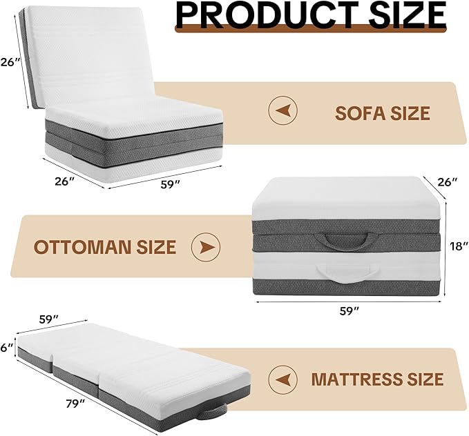 HOMBYS 6 Inch Folding Mattress Queen Size, Portable Tri-Fold Memory Foam Mattress with Removable Washable Cover for Guest Room, Camping & Travel - CertiPUR-US Certified