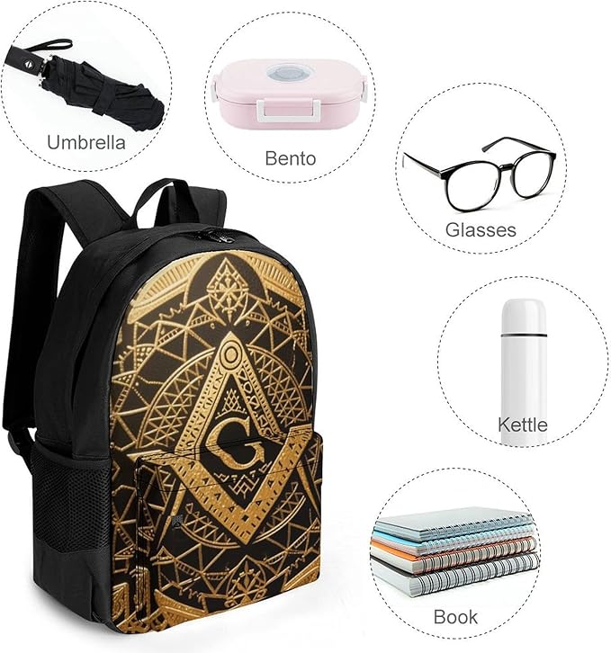 Rucksack Multipurpose Anti-Theft Big Capacity Shoulder Bag, Gold Freemason Freemasonry Masonic Art Travel Hiking Camping Rucksack With Side Pockets