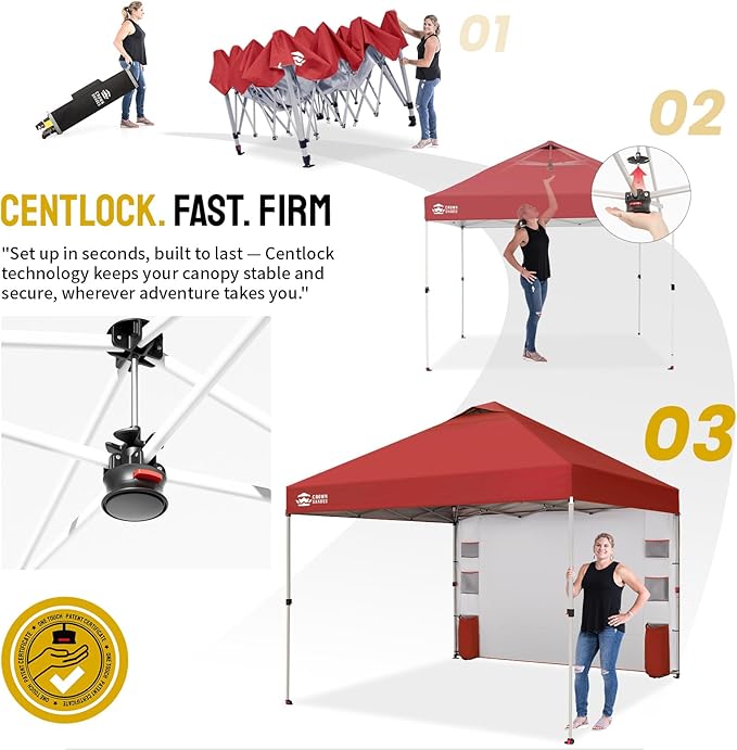 CROWN SHADES Canopy Tent 10x10 Pop Up Canopy Outdoor Shade with Pockets Sidewall, Easy Up Sun Shelter with One Person Set Up Center Lock, Portable Instant Camping Beach Canopy Tents, Red
