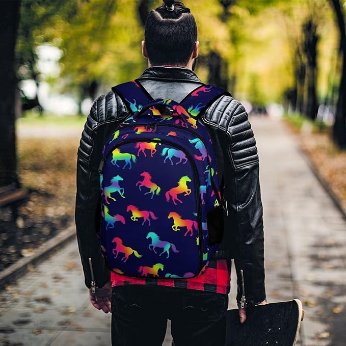 Travel Laptop Backpack Rainbow Horses for Men Women, Water Resistant Business Anti Theft Computer Bag with Multi Compartments for College Work Hiking