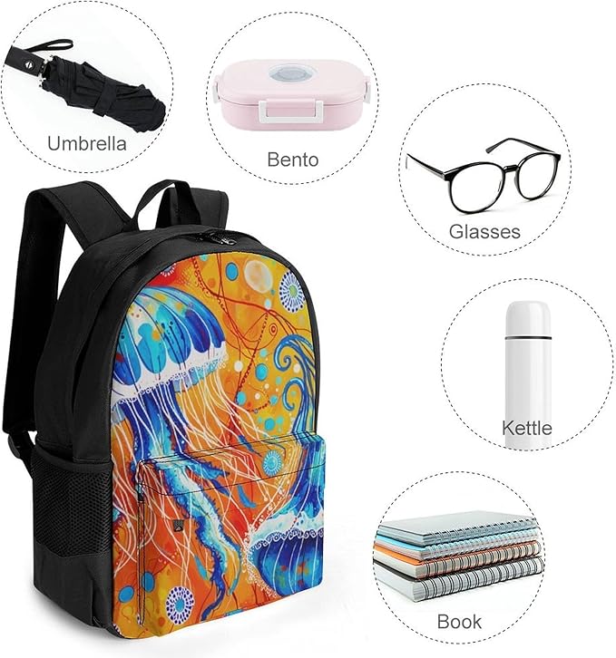 Supdreamc Daypack Polyester Anti-Theft Multipurpose Watercolor Ocean Sea Jellyfish Art Bookbag Big Capacity Gym Outdoor Hiking Backpack With Adjustable Shoulder Straps