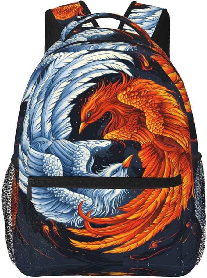 Men Women Polyester Ice Water Fire Flame Phoenix Bird Art Daypack Big Capacity Shoulder Bag With Adjustable Shoulder Straps for Camping Travel Walking Cycling