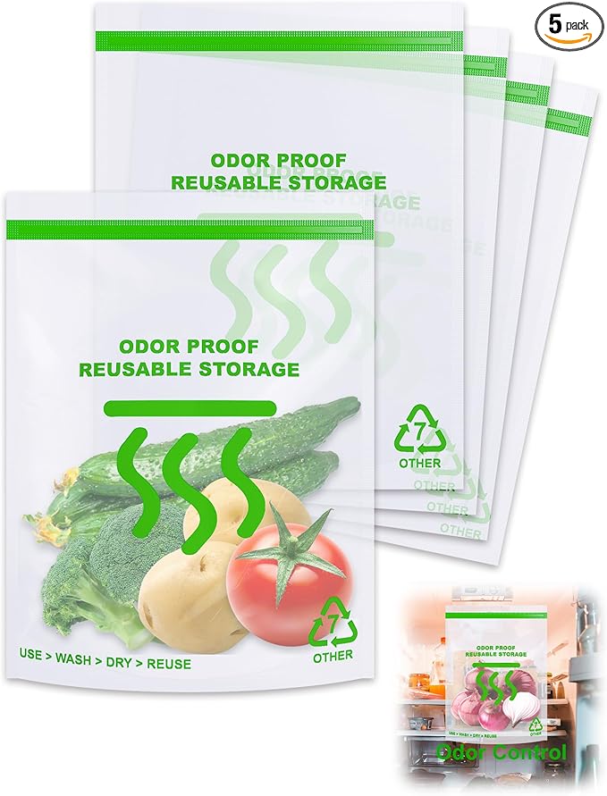 Smell Proof Food Bags - 12 x 16 Inch Smell Proof Freezer Bags for Camping and Food Storage - Reusable Odor Proof Bags Large Stand Up Double Zip and Odor Control(5 Pack)