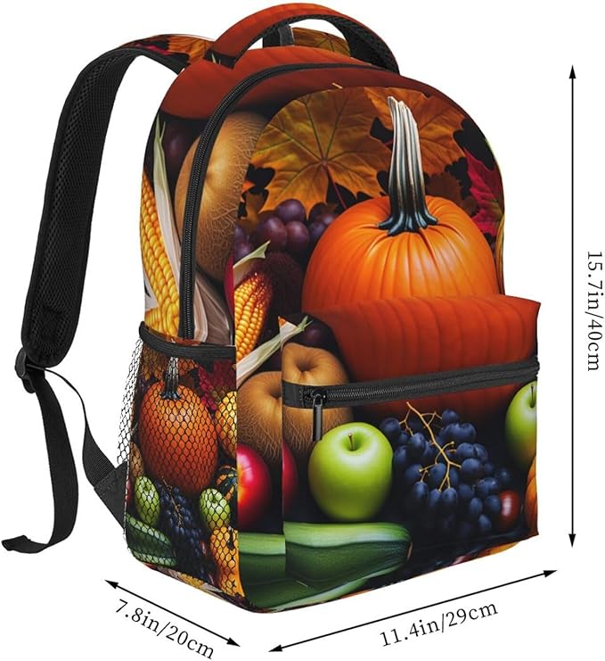 Backpack Polyester Multipurpose Anti-Theft Thanks Giving Pumpkin Corn Fruit Art Shoulder Bag Big Capacity Gym Outdoor Hiking Backpack With Padded Straps