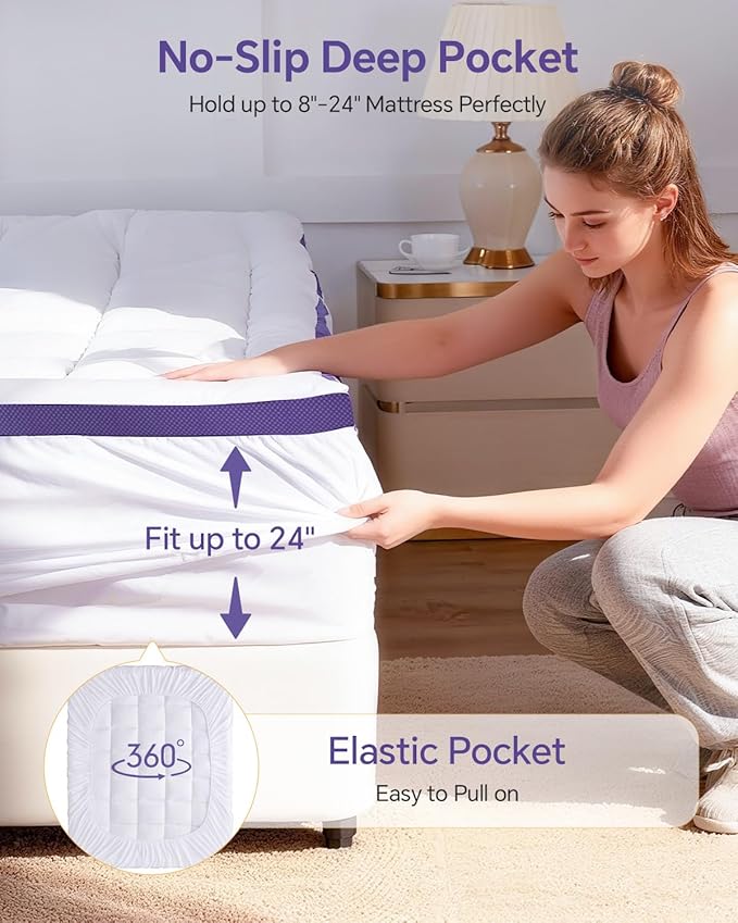 Dual Layer 4 Inch Memory Foam Mattress Topper Full XL - 2 Inch Gel Memory Foam and 2 Inch Pillow Top Mattress Pad,7-Zone Egg Crate Full XL Size Mattress Topper (White)