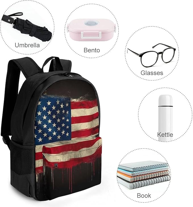 Rucksack Polyester Anti-Theft Multipurpose American Flag Art Carry On Bag Large Capacity Travel and Sport Backpack Rucksack With Smooth Zippers
